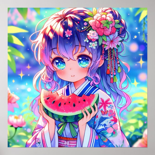 Pretty Anime Girl Eating Watermelon Poster (Front)