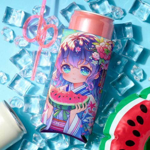 Pretty Anime Girl Eating Watermelon Seltzer Can Cooler