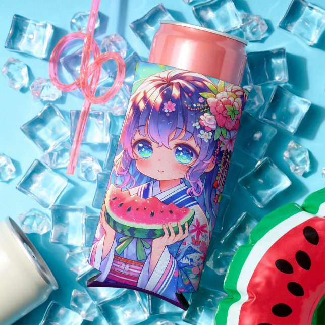 Pretty Anime Girl Eating Watermelon Seltzer Can Cooler (In Situ Summer)