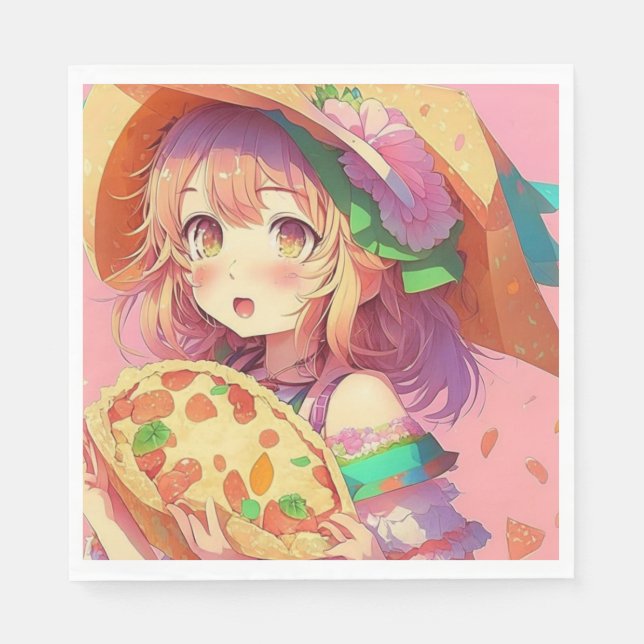 Pretty Anime Girl Holding a Pizza Napkins (Front)