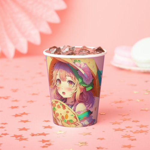 Pretty Anime Girl Holding a Pizza Paper Cups