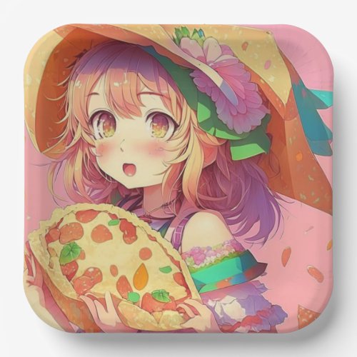 Pretty Anime Girl Holding a Pizza Paper Plates