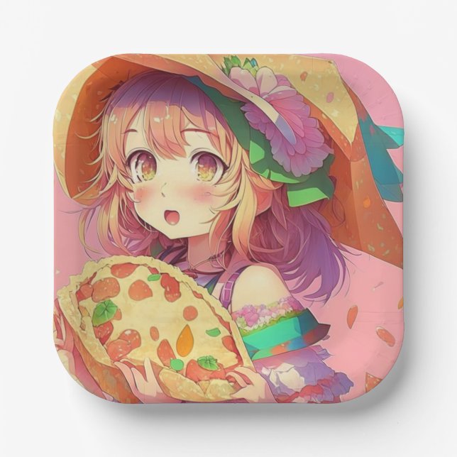 Pretty Anime Girl Holding a Pizza Paper Plates (Front)