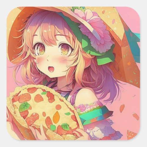 Pretty Anime Girl Holding a Pizza Square Sticker