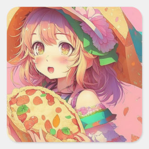 Pretty Anime Girl Holding a Pizza Square Sticker