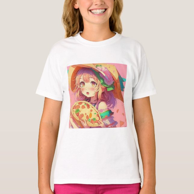 Pretty Anime Girl Holding a Pizza T-Shirt (Front)