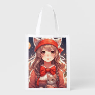Pretty Anime Girl Holding Kitten Christmas Grocery Bag