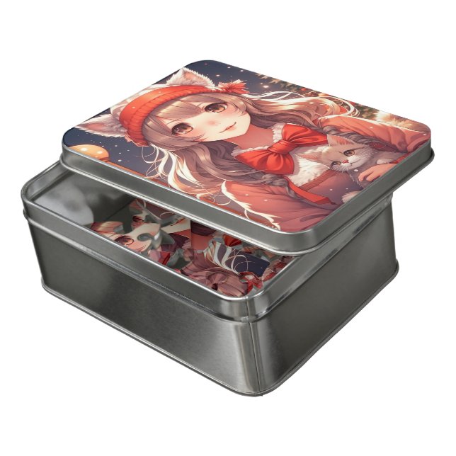 Pretty Anime Girl Holding Kitten Christmas Jigsaw Puzzle (Lid Open)