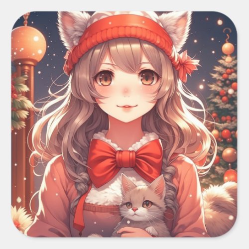 Pretty Anime Girl Holding Kitten Christmas Square Sticker