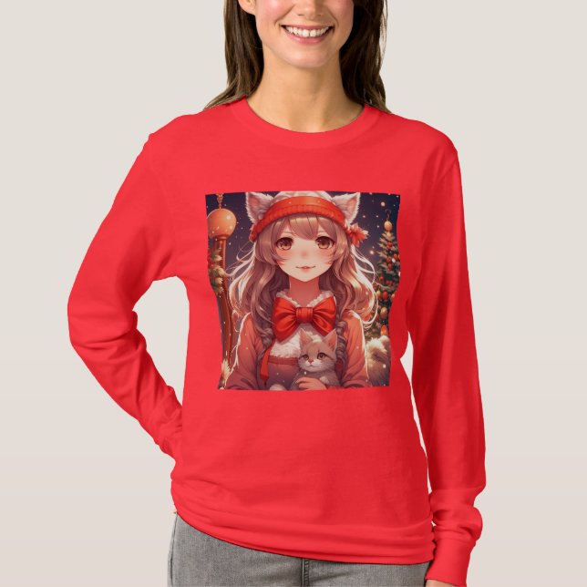 Pretty Anime Girl Holding Kitten Christmas T-Shirt (Front)