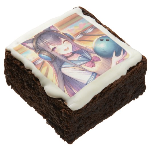Pretty Anime Girl in Bowling Birthday Party Brownie (Angled)