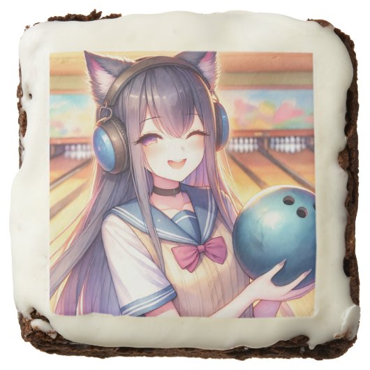 Pretty Anime Girl in Bowling Birthday Party Brownie (Front)