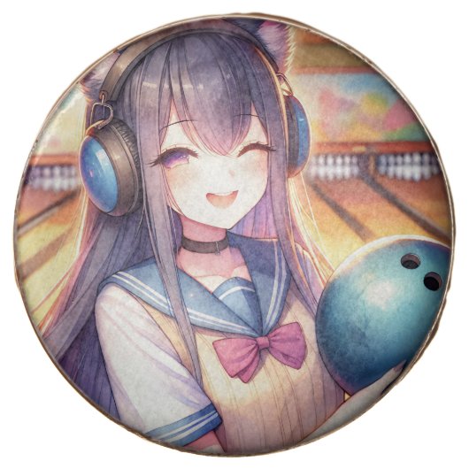 Pretty Anime Girl in Bowling Birthday Party Chocolate Covered Oreo (Front)