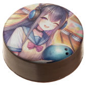 Pretty Anime Girl in Bowling Birthday Party Chocolate Covered Oreo (Angled)