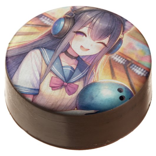 Pretty Anime Girl in Bowling Birthday Party Chocolate Covered Oreo (Angled)