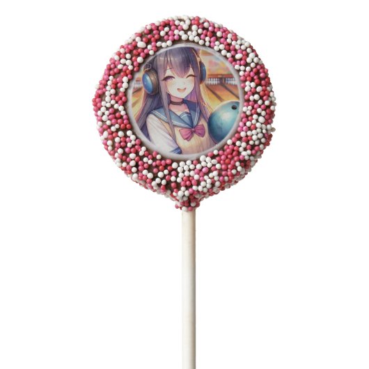 Pretty Anime Girl in Bowling Birthday Party Chocolate Covered Oreo Pop (Zoomed)