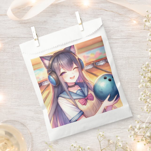 Pretty Anime Girl in Bowling Birthday Party Favor Bag (Clipped)