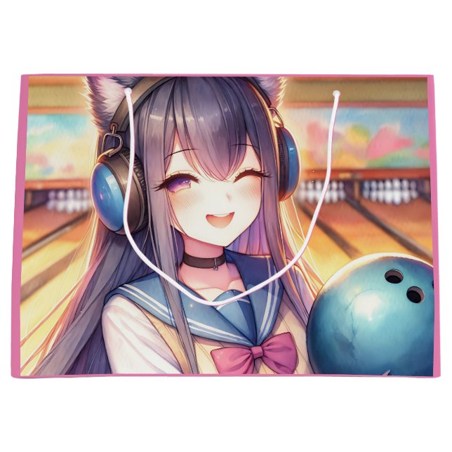 Pretty Anime Girl in Bowling Birthday Party Large Gift Bag (Front)