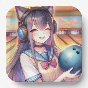 Pretty Anime Girl in Bowling Birthday Party Paper Plates