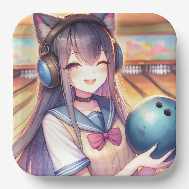 Pretty Anime Girl in Bowling Birthday Party Paper Plates (Front)