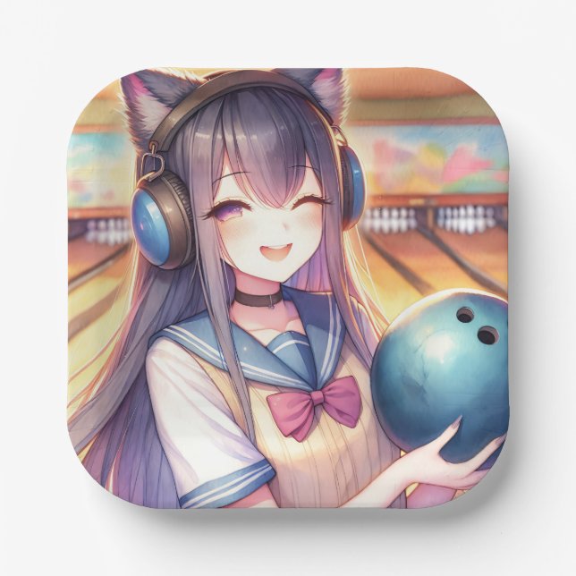 Pretty Anime Girl in Bowling Birthday Party Paper Plates (Front)