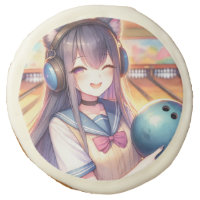 Pretty Anime Girl in Bowling Birthday Party Sugar Cookie