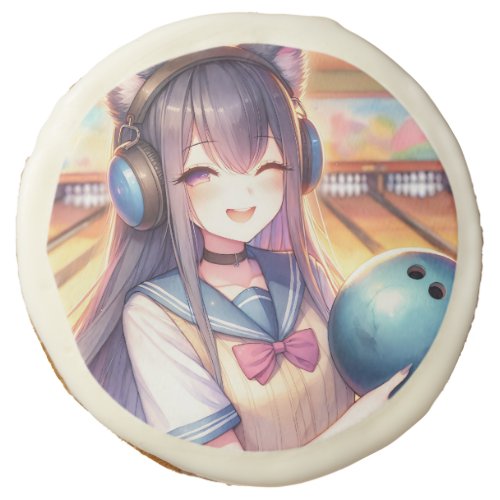 Pretty Anime Girl in Bowling Birthday Party Sugar Cookie