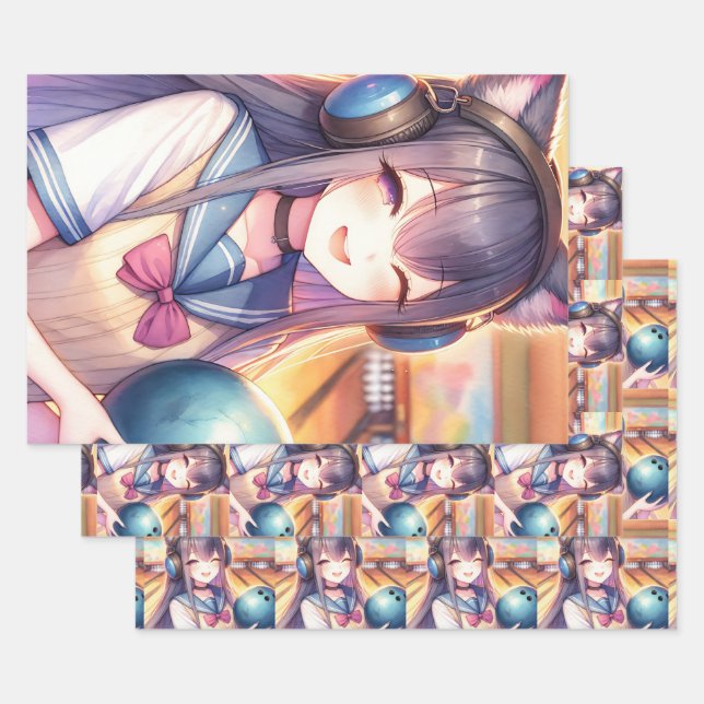 Pretty Anime Girl in Bowling Birthday Party Wrapping Paper Sheets (Set)