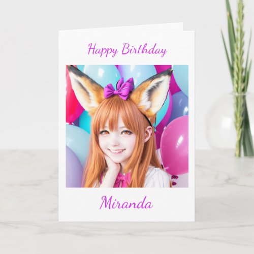 Pretty Anime Girl in fox ears  Balloons Birthday Card