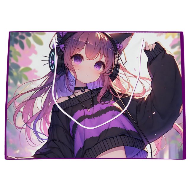 Pretty Anime Girl in Headphones Birthday Large Gift Bag (Front)