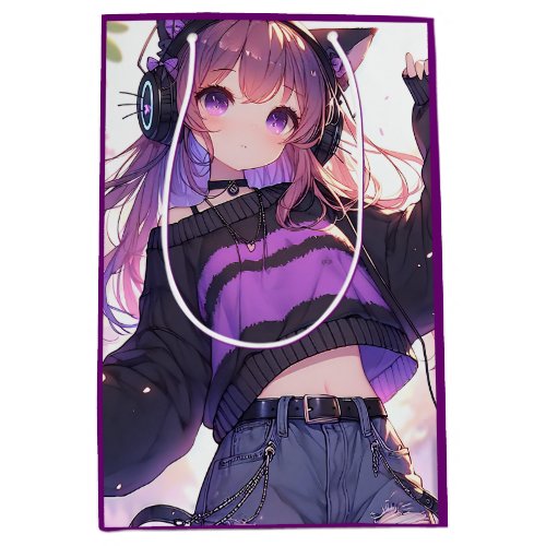 Pretty Anime Girl in Headphones Birthday Medium Gift Bag