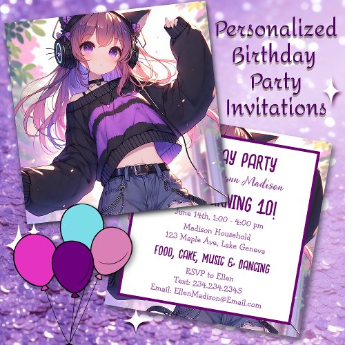 Pretty Anime Girl in Headphones Birthday Party Invitation