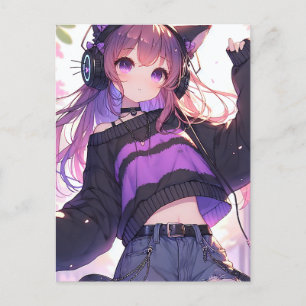 Pretty Anime Girl in Headphones Birthday Party Postcard