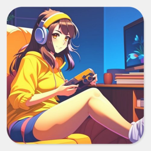 Pretty Anime Girl in Headphones Square Sticker