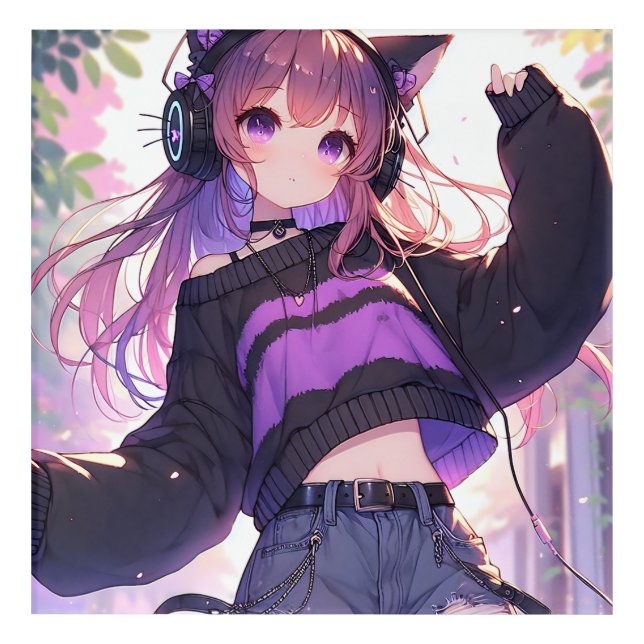 Pretty Anime Girl in Headphones with Cat Ears Acrylic Print (Front)