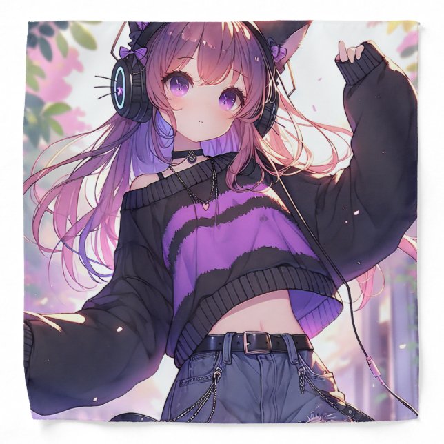 Pretty Anime Girl in Headphones with Cat Ears Bandana (Front)