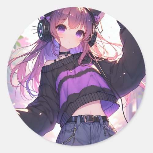 Pretty Anime Girl in Headphones with Cat Ears Classic Round Sticker