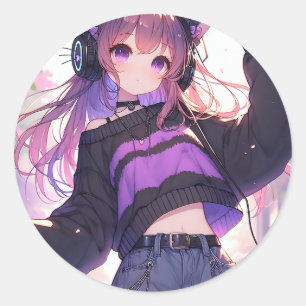Pretty Anime Girl in Headphones with Cat Ears Classic Round Sticker