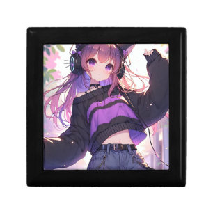 Pretty Anime Girl in Headphones with Cat Ears Gift Box