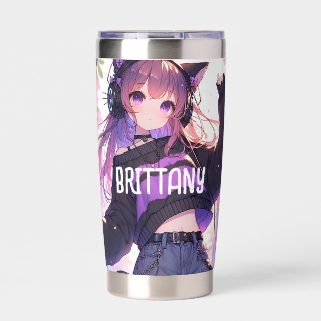 Pretty Anime Girl in Headphones with Cat Ears Insulated Tumbler (Front)
