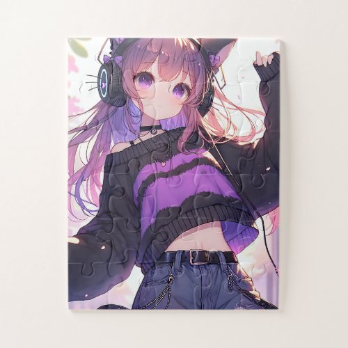 Pretty Anime Girl in Headphones with Cat Ears Jigsaw Puzzle