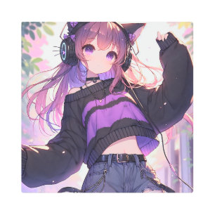 Pretty Anime Girl in Headphones with Cat Ears Metal Print
