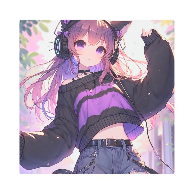 Pretty Anime Girl in Headphones with Cat Ears Metal Print (Front)