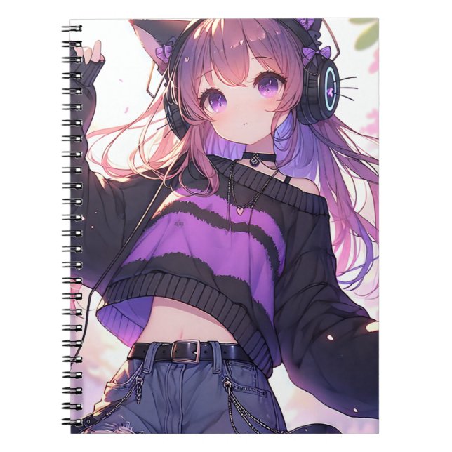 Pretty Anime Girl in Headphones with Cat Ears Notebook (Front)