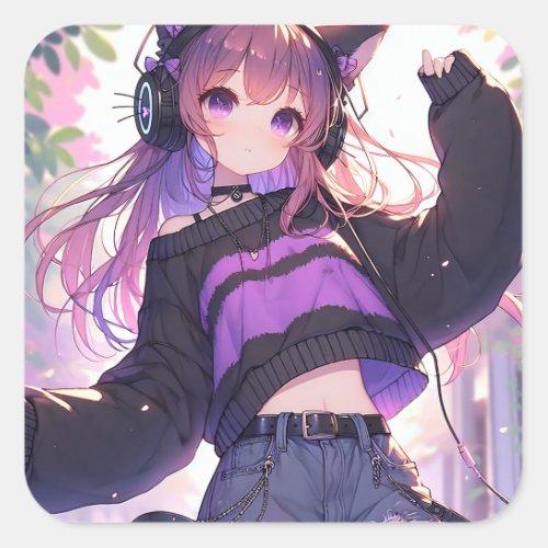 Pretty Anime Girl in Headphones with Cat Ears Square Sticker