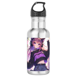 Pretty Anime Girl in Headphones with Cat Ears Stainless Steel Water Bottle