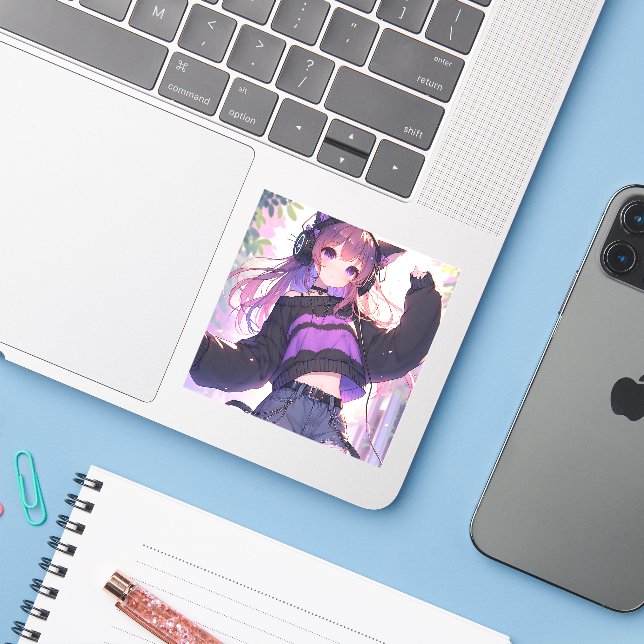 Pretty Anime Girl in Headphones with Cat Ears Sticker (Laptop w/ iPhone)