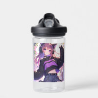 Pretty Anime Girl in Headphones with Cat Ears Water Bottle