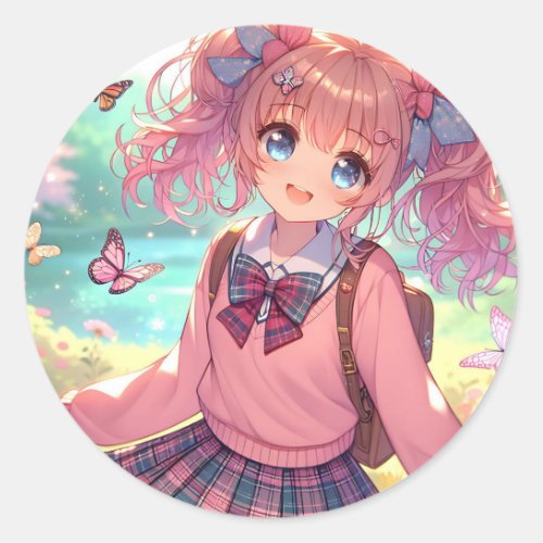 Pretty Anime Girl in Pink Pigtails Classic Round Sticker