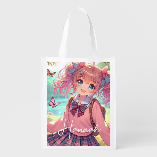 Pretty Anime Girl in Pink Pigtails Grocery Bag (Front)